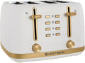 West Bend Timeless 4-Slice Toaster with 7 Browning Levels, Bagel/Waffle/Defrost Settings, High-Lift Lever, Anti-Jam, Easy-Clean Crumb Tray, 4-Slice, White/Gold