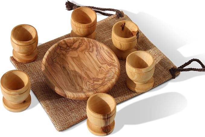 Olive Wood Communion Set, 6 Mini Cups & Plate – Family Worship Kit Handmade in Bethlehem – Traditional Holy Land Gift – Authentic Christian Decor