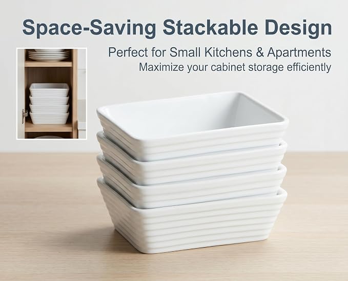 ONEMORE Small Baking Dish, Rectangle Ceramic Baking Dish for Oven, Individual Casserole Dishes for Toaster Oven, 5x7 Small Deep Lasagna Baking Dish, Oven Safe, 1-2 Person Baking Dishes Set of 4, White
