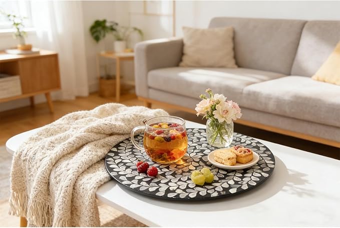 13.4" Mother of Pearl Lazy Susan, 360 Degrees Rotating Table Turntable Organizer Round Wood Spinning Tray for Countertop Table Cabinet Living Room Kitchen Office Home Decor (Black Willow)