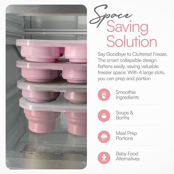 Silicone Freezer Tray with Lid - Stackable 2 oz Large Ice Cube Molds for Homemade Purees, Egg Bites, Broth Food Storage - Dishwasher Safe (Pink) - 2 Pack