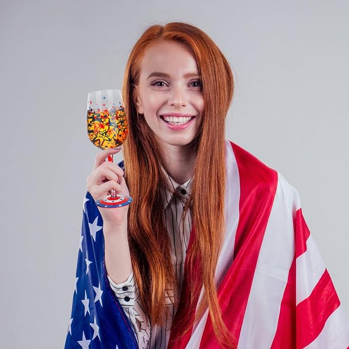 SiliFine 2 Pcs Independence Day 4th of July Party Stemmed Wine Glasses Hand Painted USA American Flag Star Drinking Cup Wine Glasses Gifts for Patriotic Theme Holiday Supplies