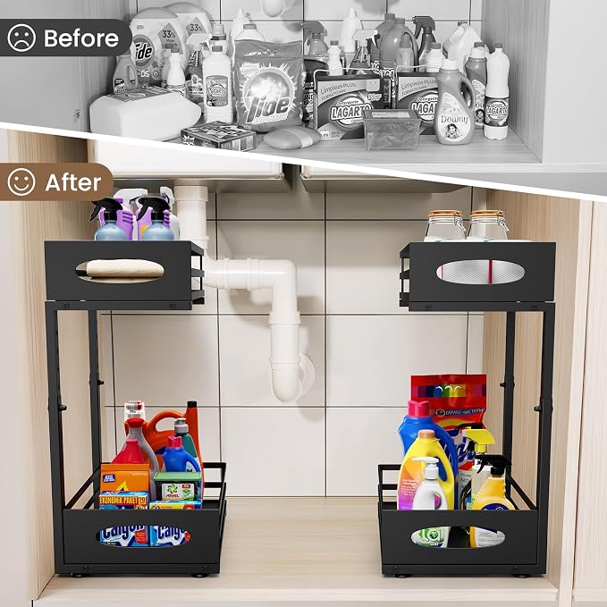 Under Sink Organizer, Slide Sink Steel Shelf Cabinet Storage Shelves, Height Adjustable Under Sink Organizers and Storage, 2 Tier Pull Out Drawer Cabinet Organizer for Kitchen Bathroom