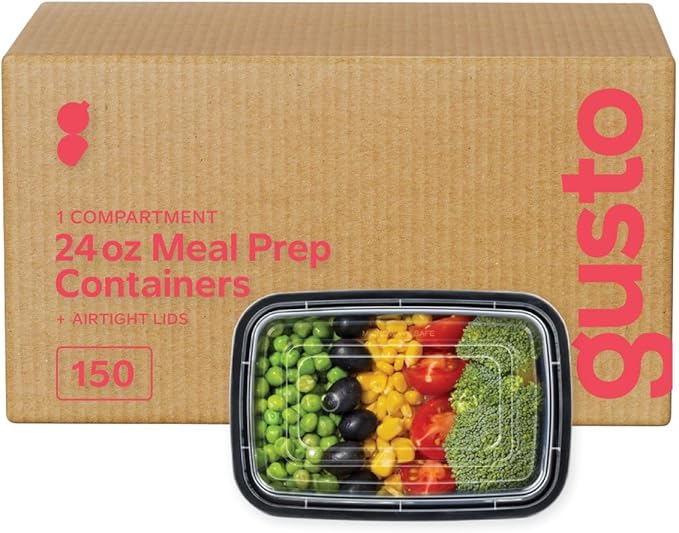 GUSTO [24 oz - Case of 150 1-Compartment Meal Prep Containers with Lids – Reusable, Microwaveable, Dishwasher & Freezer Safe, BPA-Free Food Storage Boxes for Portion Control (Formerly Comfy Package)