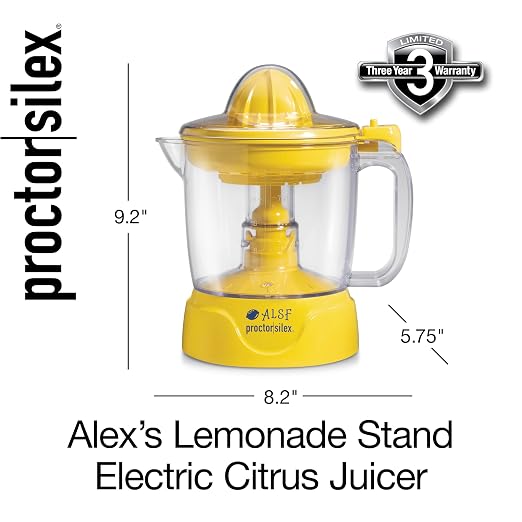 Proctor Silex Alex's Lemonade Stand 34 oz. Electric Citrus Juicer | Pressure Activated | 2 Reamers For Big and Small Fruit | Pulp Control | For Orange, Lemon, Grapefruit Juice | Yellow