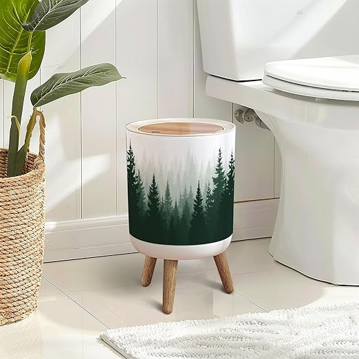 Trash Can with Lid Forest Nature Landscape Evergreen coniferous Trees Pine Spruce Press Top Round Small Garbage Bin with Wooden Legs Waste Basket for Kitchen Bedroom Nursery 7L/1.8 Gallon