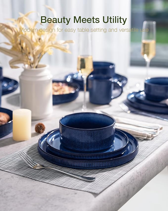 Famiware Star 12-Piece Stoneware Dinnerware Sets for 4, Reactive Glaze Plates and Bowls, Modern Rustic Dishes for Everyday & Formal Use, Chip/Scratch Resistant, Microwave/Dishwasher Safe, Nebulas Blue