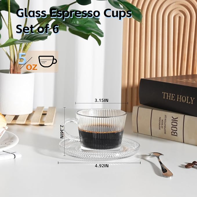 Glass Espresso Shot Cups with Saucers Set of 6, Clear Small Demitasse Cup with Stainless Steel Spoons, Dishwasher Safe Coffee Mugs for Tea Hot Chocolate Cappuccino, 5OZ/150ML, Stripe