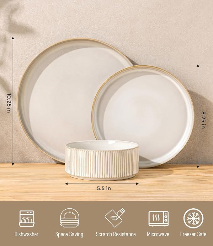 GBHOME Stoneware Dinnerware Sets for 4, 12 Pieces Lightweight Ceramic Ribbed Plates and Bowls Set,Reactive Glaze Stackable Plate Sets,Scratch Resistant Dishes,Microwave & Dishwasher Safe,Vanilla Latte