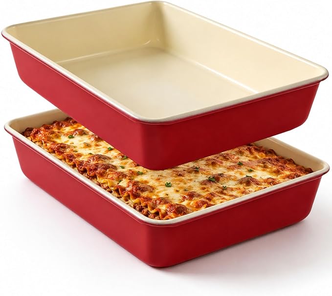 9x13 Inch Baking Pan, 2 Pack – Heavy Duty Carbon Steel Non-Stick Lasagna Pan, Deep Rectangular Cake Pan for Casseroles, Brownies & Roasting, Warp-Resistant, Oven Safe to 450°F, PFOA Free