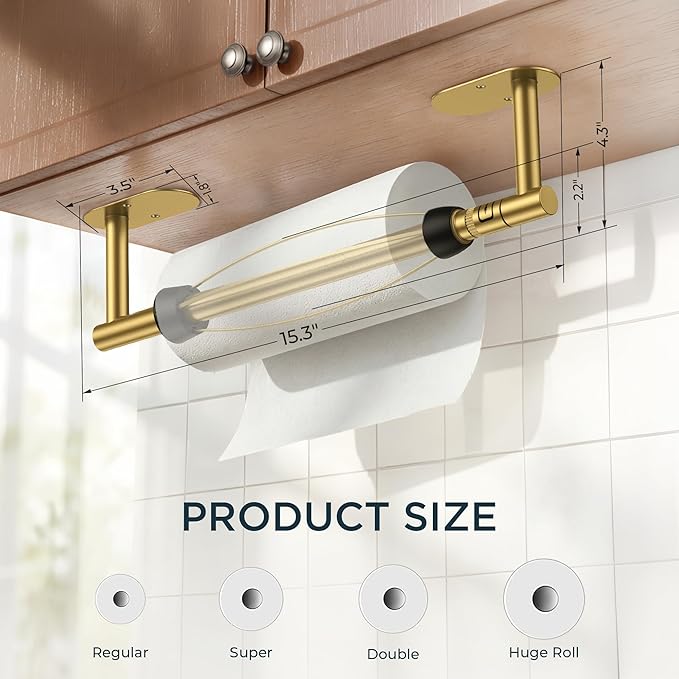 FORIOUS Paper Towel Holder Under Cabinet, One Hand Operable with Ratchet System for Easy Tear, Adhesive or Drill Wall Mount, Stainless Steel for Kitchen Commercial Paper Hand Towel Holders, Gold