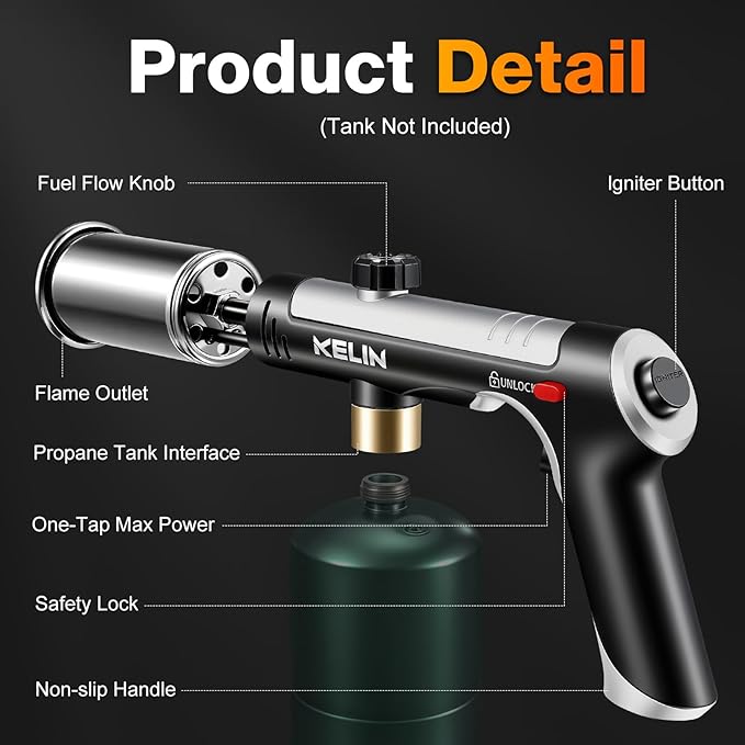 KELIN Propane Torch with One-Touch Max Fire & Kitchen Thermometer for Kitchen Cooking Torch Gun Charcoal Lighter with Safety Lock Flame Thrower for BBQ, Sous Vide, Grill, Campfire (Tank Not Included)