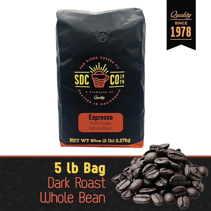 San Diego Coffee Espresso, Dark Roast, Whole Bean Coffee, 5-Pound Bag Café en grano tostado