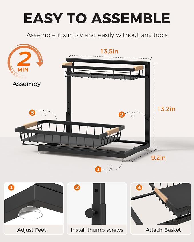 Sevenblue 2 Packs Under Sink Organizer, Height Adjustable 2 Tier Under Kitchen Sink Organizer, Multi-Purpose Storage Shelf for Kitchen Bathroom Cabinet (Black, Large)