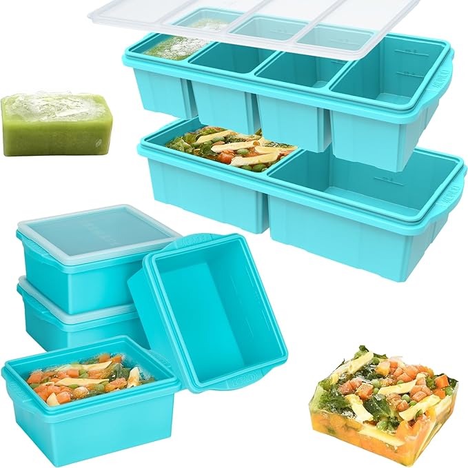 Xomoo Silicone Freezer Tray With Lid - Soup Freezer Container molds - Large Ice Cube Tray- makes 8 perfect 1-Cup & 2-Cup Ice cube Molds Food Soups Storage Containers - Oven & Dishwasher -Safe