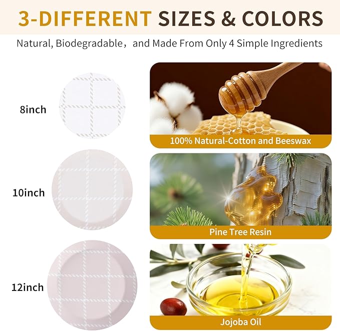 Reusable Bowl Covers for Bread Proofing- 3pc Beeswax Bowl Covers Reusable 8/10/12 Inch, 100% Organic Cotton, Elastic Cover for Sourdough- Shower Caps for Sourdough Bread, Dough Proofing & Food Storage