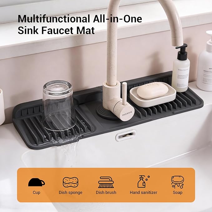 ZJWZLG Faucet Mat for Kitchen Sink, 14"X5.5" Silicone Sink Splash Guard with Soap Holder, Snap-On Design & 7°slope Fast Drain, Folding Sink Faucet Mat for Universal Kitchen Bathroom Sink（Black）