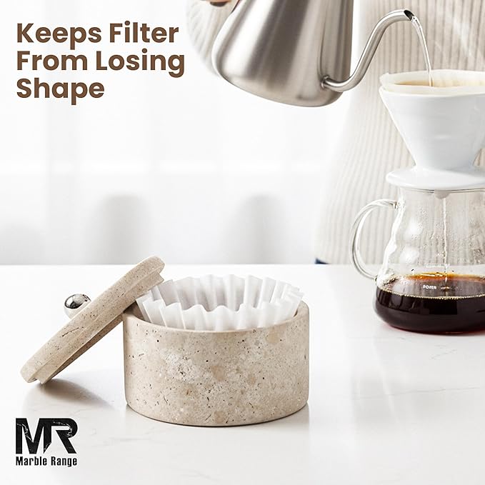 Marble Coffee Filter Holder – 6 inch Handmade Travertine Coffee Filter Holder with Lid, Storage Organizer for Kitchen Countertop & Bar Decor