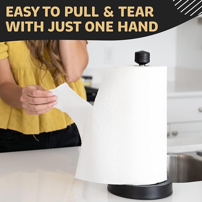 Heavy-Duty Stainless Steel Paper Towel Holder - Easy One-Handed Tear with Suction Cups - Modern Weighted Standing Countertop Dispenser for Kitchen - Holds All Paper Towel Rolls, Black