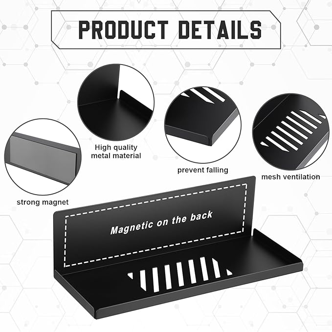 Therwen 4 Pack Magnetic Pegboard Shelves Wall Organizer Metal Pegboard Shelf Steel Tray Accessories Organizing Tools for Craft Home Kitchen(12 x 4.8 x 3.6 Inches,Black)