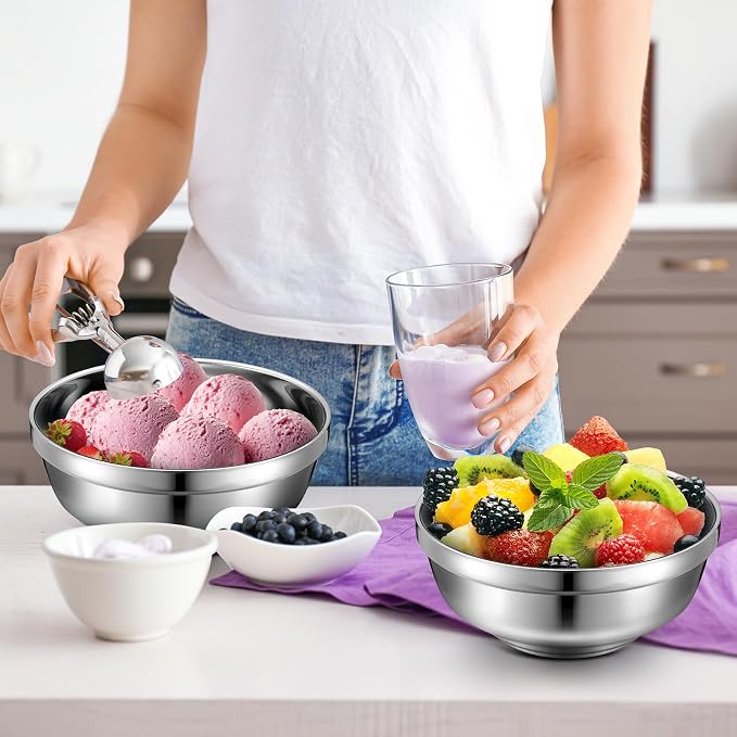 Funnymoom 8 Pack 34 oz Stainless Steel Bowls Double Walled Insulated Soup Ice Cream Metal Mixing Nesting Bowls for Serving Soup Rice Cereal