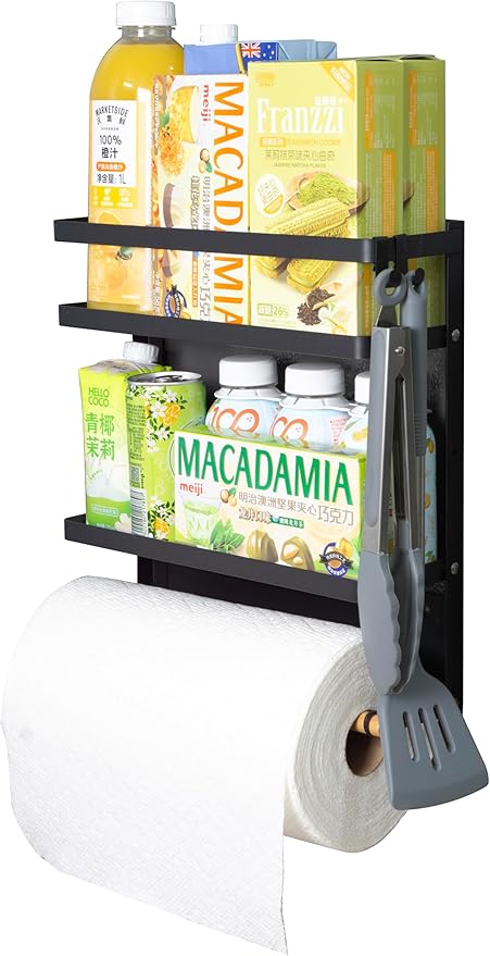 Refrigerator Shelf Organizer Magnetic Paper Towel Holder Kitchen Fridge Spice Rack Storage Spice Jars Holder(Black)