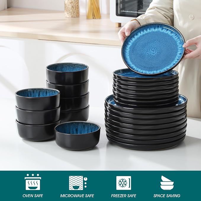 vancasso PLAYA Plates and Bowls Sets, 24 Pieces Blue Dinnerware Sets for Kitchen, Reactive Glaze Dishes Set for 8, Dishwasher and Microwave Safe