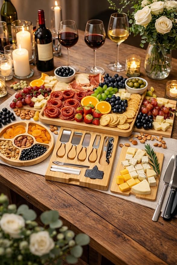 Extra Large Premium Bamboo Charcuterie Cheese Board Complete Set with Knives, Forks, Bowls, Wine Opener. Holiday, Bridal, Shower, House Warming, Valentines Day