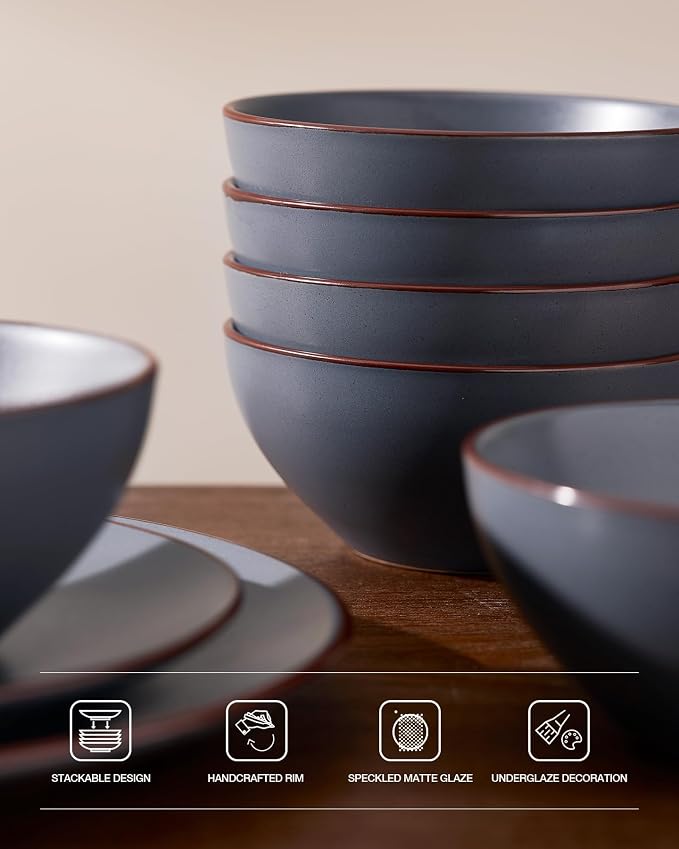 Famiware Venus Plates and Bowls Sets with Trim, 18 Pieces Speckled Stoneware Dinnerware Set for 6, Matte Charcoal - Modern Minimalist, Microwave & Dishwasher Safe Dishes for Everyday & Formal Dining