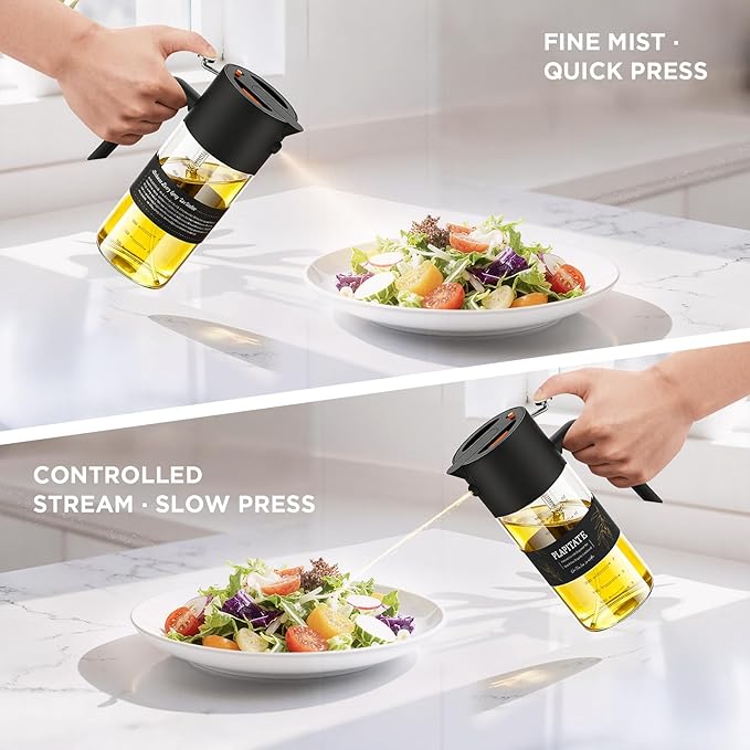 PLAPITATE 2Pcs 17oz Premium Olive Oil Sprayer for Cooking, 2 in 1 Glass Olive Oil Dispenser Bottle for Kitchen Gadgets, Spray Bottle with Portion Control for Salad, Frying, BBQ (Black & Blue)