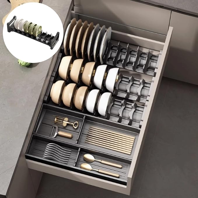 Dish Drying Rack, Stainless Steel Adjustable Bowl Plate Drainer, Pot Lid Holder, Plate Organizer for Cabinet for Cutting Boards, Cooling Racks (Gentle Black,16.14*4.72 inch,Bowl Drying Rack)