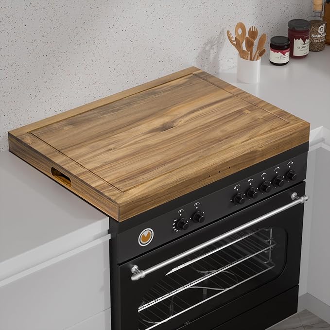 Acacia Wood Stove Cover for Gas & Electric Burners, 28.82”x20.83”x2.12'' (Inner) Noodle Board with Handles, Cutting Board with Juice Groove, Serving Tray (Natural Acacia)