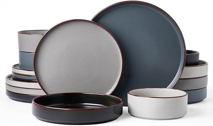 Famiware Nebula Ridge Stoneware Dinnerware Sets with Pasta Bowls, Plates and Bowls Sets, Service for 4 (16 Pieces), Microwave and Dishwasher Safe Kitchen Plates, Multi-color