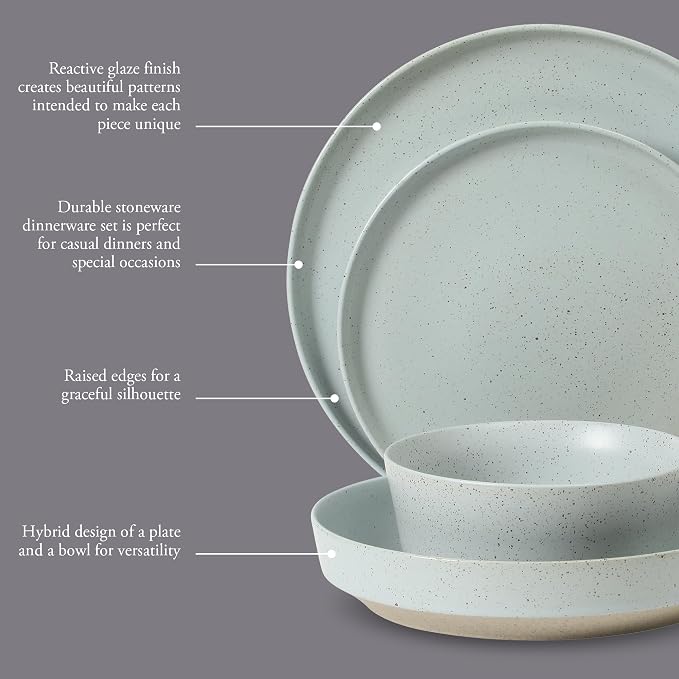 Gibson Elite Overbrook 16-Piece Pottery Clay Stoneware Dinnerware Set – Light Blue Reactive Glaze, Stackable Plates and Bowls w/Pasta Bowl, Service for 4 – Microwave & Dishwasher Safe