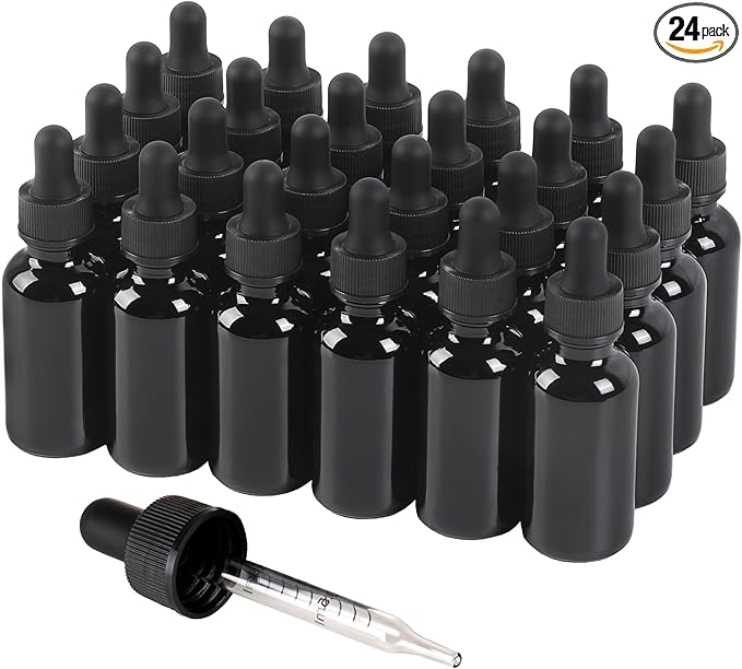NOOEEISS 24 Pack,1oz Glass Dropper Bottle,Black Tincture Bottles with Dropper,Pretty Finish for All Kinds of Liquids,Oil Bottles for Hair- Stronger Suction ideal for Leakproof Travel
