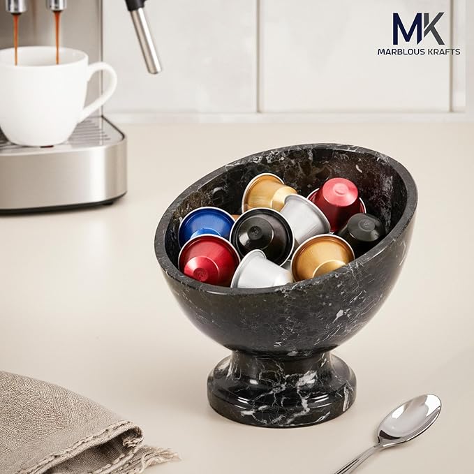 Marblous Krafts Marble Coffee Pod Holder Black Zebra 7 Inch Stone Bowl Coffee Bar Decor, Coffee Station Organizer for Countertop, Espresso Accessories Storage, K Cup & Pod Holder,