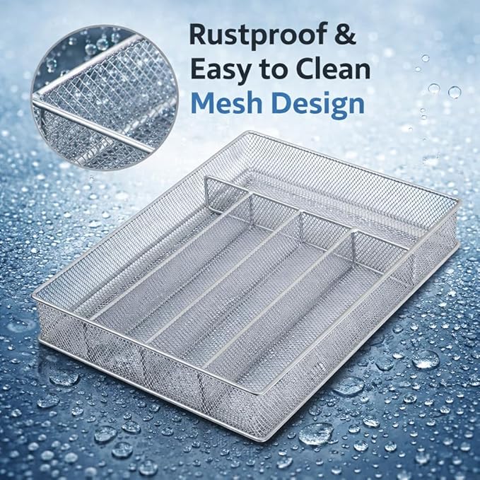 YBM Home Metal Silverware Organizer for In-Drawer Cutlery Storage, 5 Compartment Mesh Cutlery Flatware Tray Sorts Kitchen Utensils, Great for Office Supplies 1133s