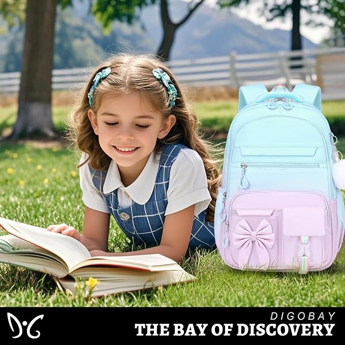 DIGOBAY Girls Backpack - Kids Bento Box Set with Insulated Lunch Bag, Cutlery and Pencil Case, 6 Leak-Proof Compartments, Removable Tray for Girls, Teens School Picnic (Blue-Purple)