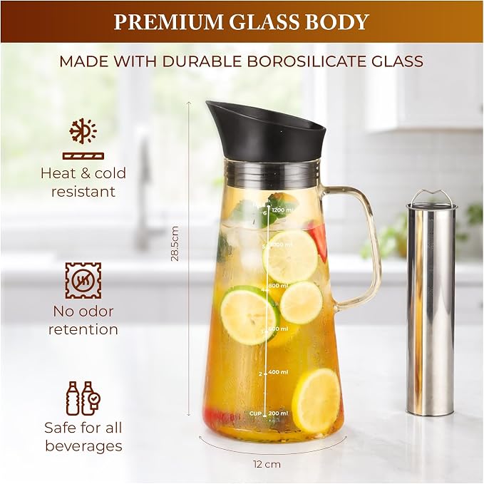 Cold Brew Pitcher 1L Glass Coffee Maker | Stainless Steel Mesh Filter