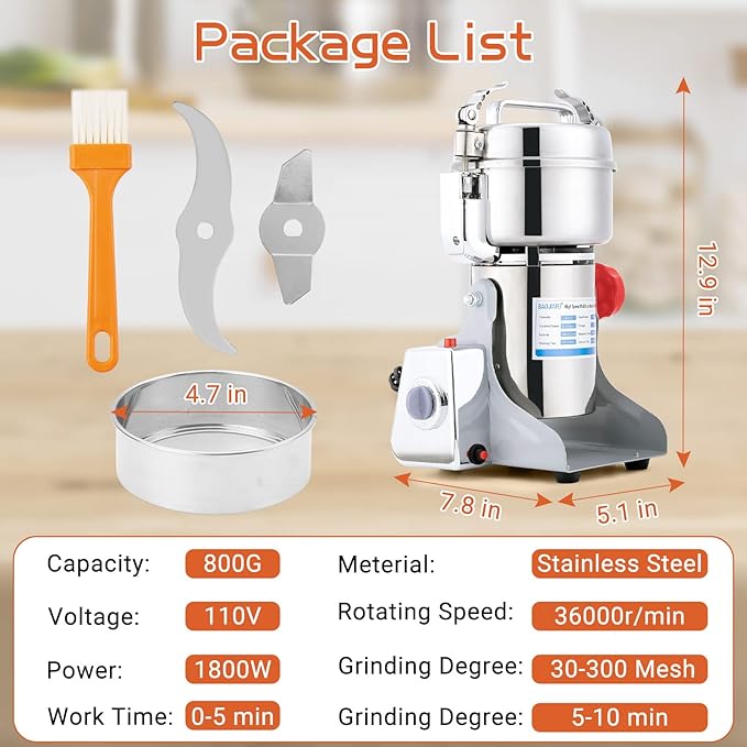 Electric Grain Mill Grinder 800g High-speed Grain Spice Herb 1800W Dry Grinding Machine 304 Stainless Steel Superfine powder High-speed Grain Mill 36000r/min for Kitchen Home and Commercial