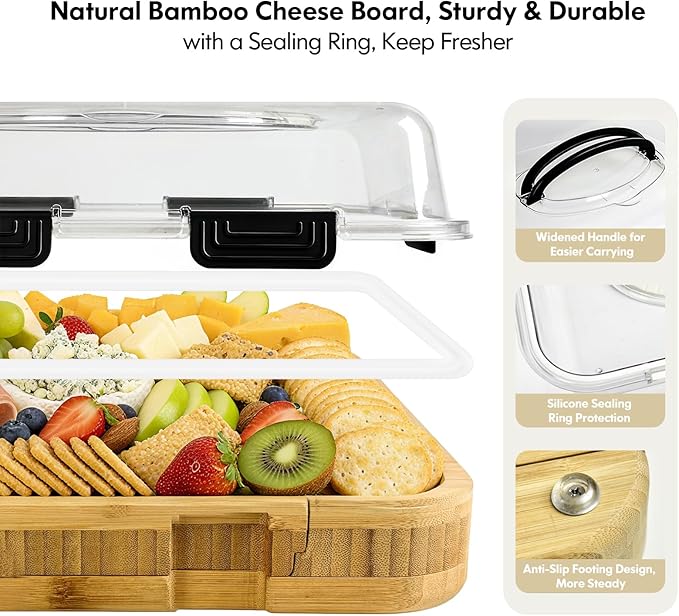 Charcuterie Board with Lid Gift Set - Cheese Bamboo Tray with Utensils, 2 Sauce Bowls,Fruit Tray and Food-Grade Seal Included - Portable with Handle for Travel, Parties, Kitchen Gifts for Women