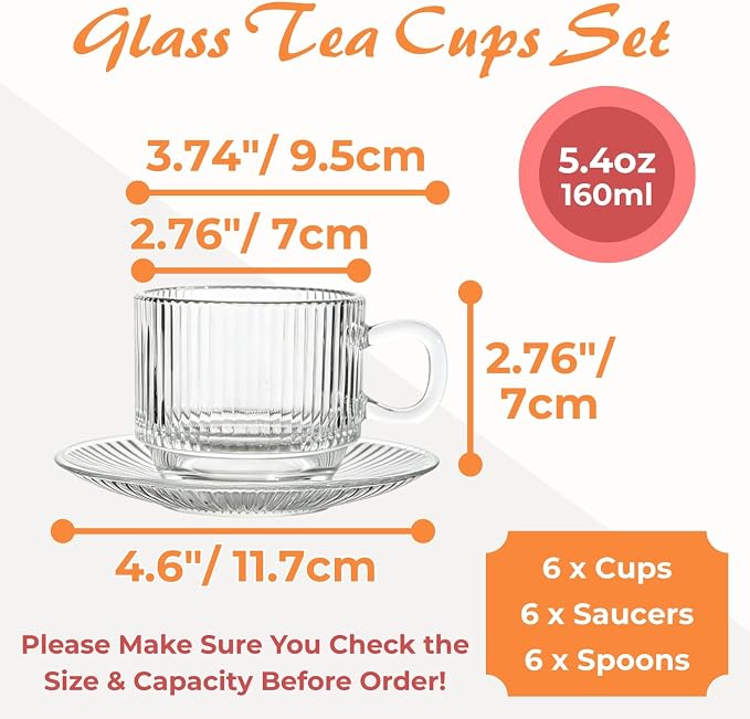 Atarvana 6 Pack Glass Tea Cups and Saucers Set with Spoons, Glazeal Stackable 5.41oz/160ml Heat-Resistant Espresso Cups, Transparent Tea Glass for Cappuccino, Latte, Cafe and Home Kitchen Use
