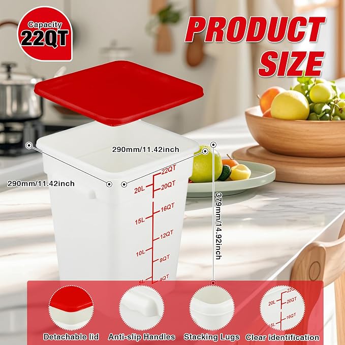 2 Pack Square Food Storage Container With Lid,12-22 Quart Commercial Storage Box With Scale & Handle,Cake Making,Dough Marinating Meat,Kitchen Supplies (Polypropylene, 23 Quart)