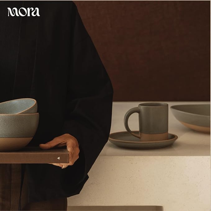 MORA Medium Mugs Set of 4, 16oz Ceramic Pottery Latte Mugs/Coffee Cups - Microwave and Dishwasher Safe - Peppercorn