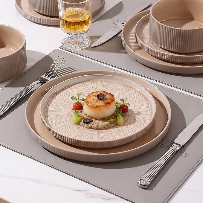 Dinnerware Sets, Ceramic Plates and Bowls Set 12 Piece Dinnerware for 4 Chip Resistant Stoneware, Dishwasher and Microwave Safe-Warm brown