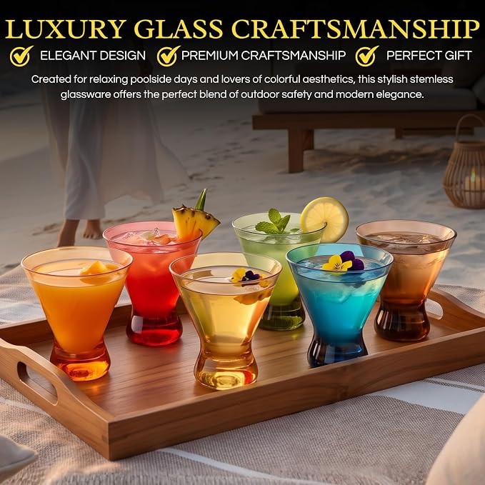 13-Ounce Colorful Pastel Plastic Stemless Martini Glasses (Set of 4), Martini, Margarita, Champagne & Cocktail Reusable Glasses, BPA-Free, Shatter-Proof, Dishwasher-Safe, Poolside Perfect, Outdoors