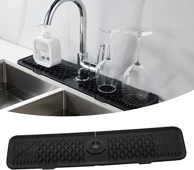 24 inch Silicone Faucet Splash Guard Black Kitchen Sink Mat Dish Drying Mats Sponge Holder and Bathroom Countertop Protect Kitchen Sink Splatter Screen Faucet Air Drying Mat Drip Catcher Tray