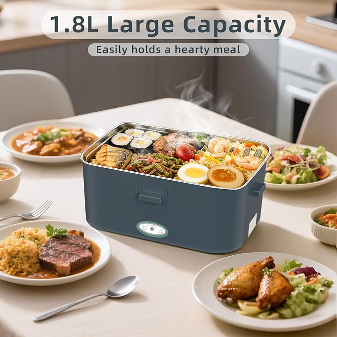 Electric Lunch Box for Adults, 80W Heated Lunch Box For Men, 1.8L 304 Stainless Steel Container, 12V/24V/110V Portable Food Warmer for Car Truck Work & Travel, Lonchera Elctrica (Green)