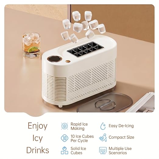 Portable Ice Maker, 12V DC Mini Car Ice Maker, Makes 10 Cubes in 15-20 Mins, with Cigarette Lighter for Trips, Camping(Adapter Needs Separate Buy 5.5x2.1mm F to 5.5x2.5mm M Converter) （White）