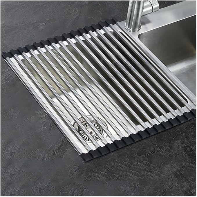 Roll Up Over The Sink Dish Drying Rack, 32-60CM Multipurpose Foldable Sink Cutting Board Dish Rack Mat for Kitchen Counter RV Camper Accessories Travel Trailer(Black,L 56cm/22.0in)